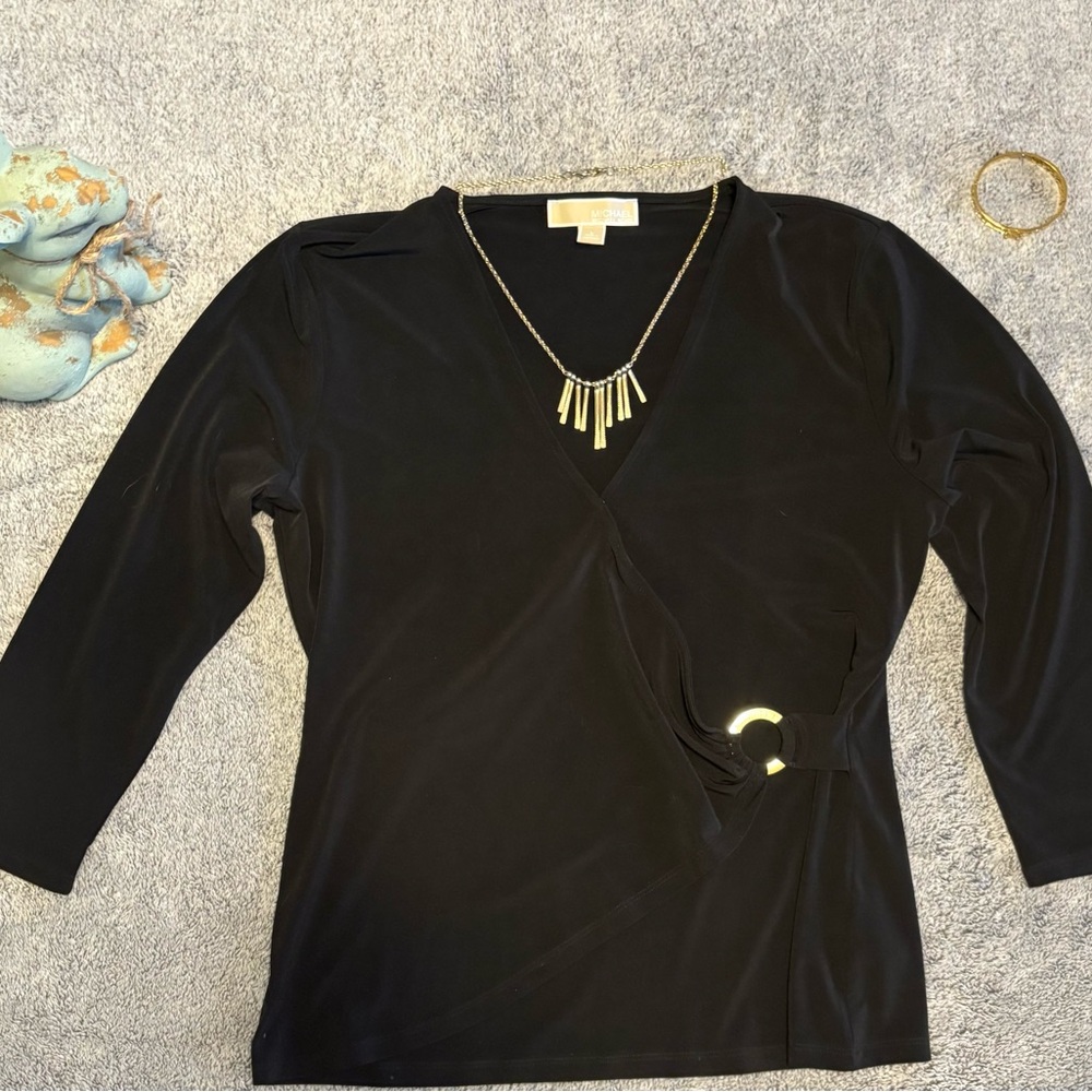 COPY: Michael Kors Black Wrap 3/4 Sleeve Blouse w/ Gold Branded Accent